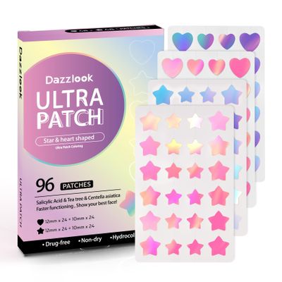 Dazzlook Star Acne Patch with Salicylic Acid Tea Tree Oil & Centella Asiatica, Hydrocolloid Pimple Stickers Iridescent Colors 96 Pcs 2 Sizes, Cute Star Heart Shaped Zits Blemishes Breakouts Patches