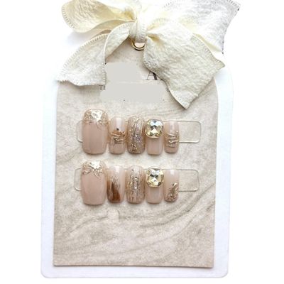 ZIIVIEVS Handmade Wearing Nail Pieces, Gold Foil, Big Diamond, Ultra Short Round, Detachable False Nail Enhancements, 10PCS (Size : M)