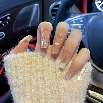 French Love Whitening Handmade Nail Wearing Style Long Ladder Wearable Nail Patch Finished False Nail Patch 10PCS (Size : S)