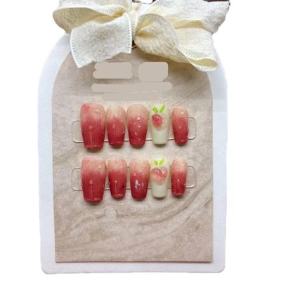 Powder blusher peach cute sweet long wearable phototherapy nail whitening hand wear nail false nail patch 10PCS (Size : XS)