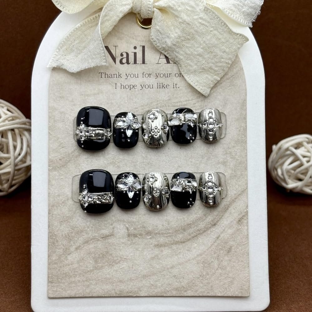 Handmade wearing nail patches, black gold, sweet and cool style, short wearable fake nails, detachable 10PCS (Size : XS)