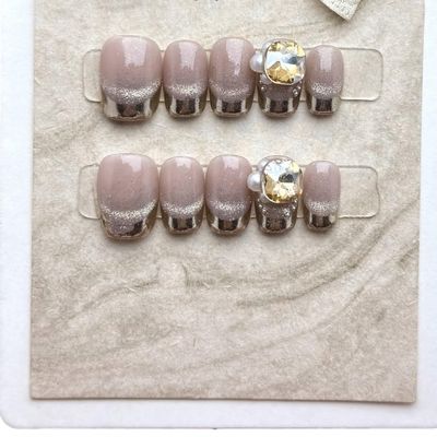 Handmade wearing nail patches short square round fantasy purple cat eyes French diamond fake nail patches nail enhancement (Size : L)
