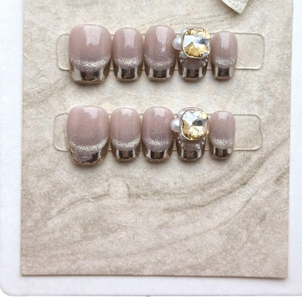 Handmade wearing nail patches short square round fantasy purple cat eyes French diamond fake nail patches nail enhancement (Size : L)
