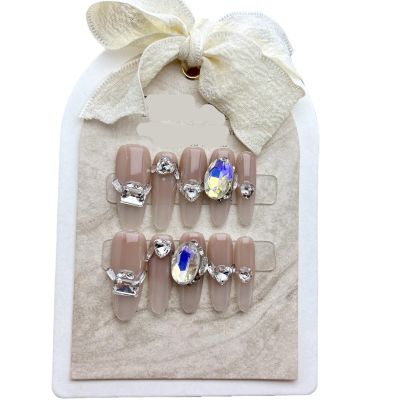 ZIIVIEVS Nude color gradient Handmade wearing nail patches, long trapezoidal fantasy French diamond fake nail patches, manicure 10PCS (Size : S)
