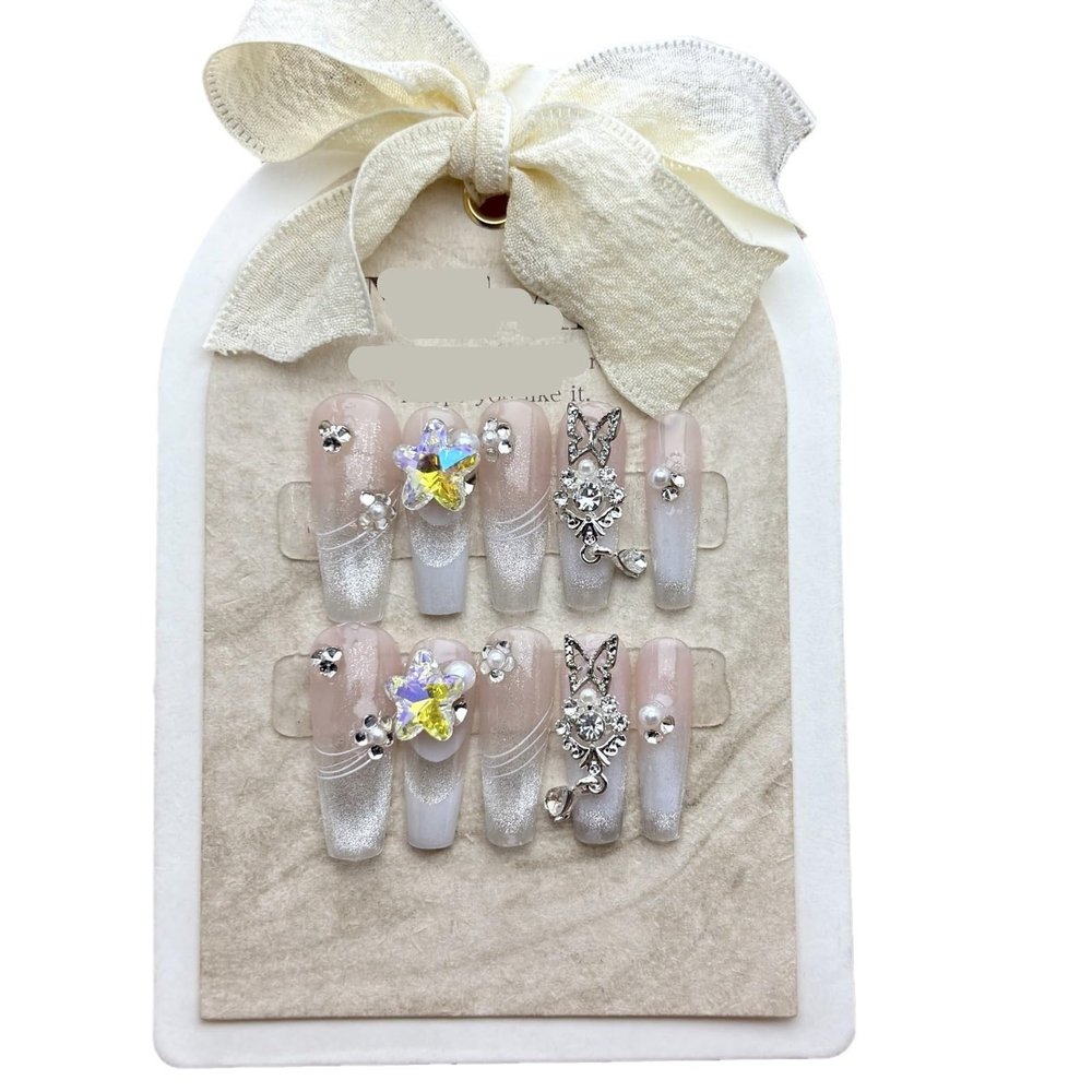 ZIIVIEVS Handmade wearing nail patches, long trapezoidal fantasy purple cat eyes, French diamond fake nail patches, manicure 10PCS (Size : M)