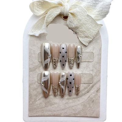 ZIIVIEVS Polka Dot Cat Eye Long Handmade Wearable Nail Panel with White Appearance Wearable Nail Panel Detachable 10PCS (Size : L)