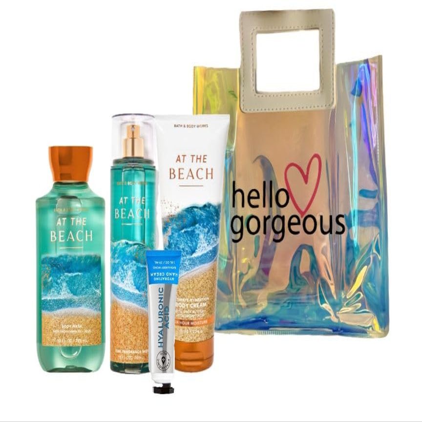 White Barn - Bath & Body Works -Deluxe Gift Set 4 Piece Bundle - Full Size and Gift Bag Hello Gorgeous (at The Beach)