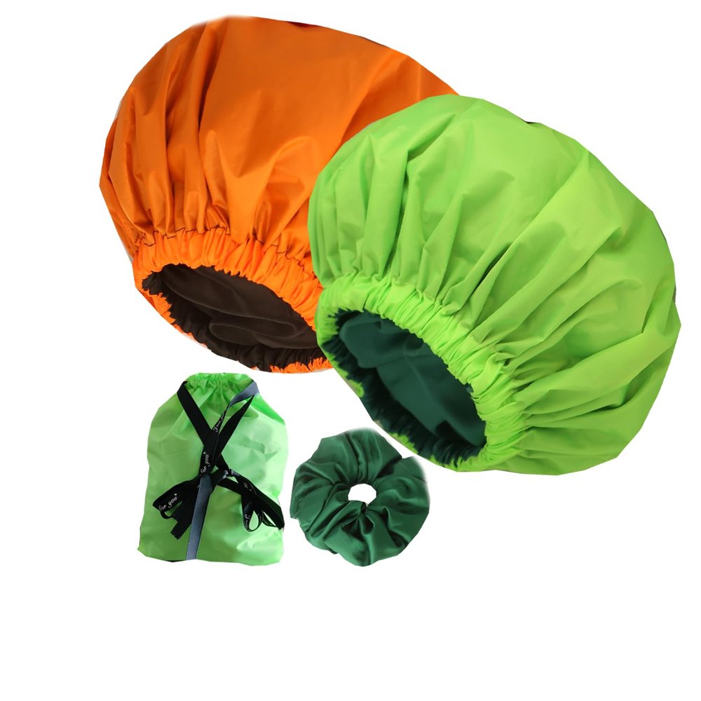 2Pcs Genergy Shower Cap, Large& Reusable &Satin Lined Shower Cap for Women Waterproof,Adjustable &Double Layers &Reversible Satin bonnet Shower CapsOrange+Green