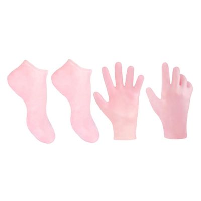 SOESFOUFU 2-Pack Moisturizing Socks Gloves Set Exfoliating Remover for Dry Hands Feet Spa Gloves for Foot Care Pink