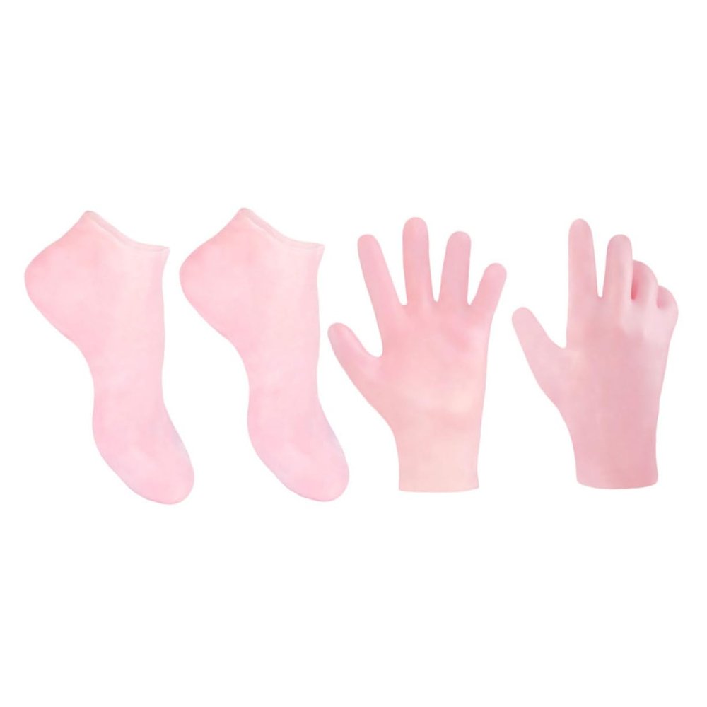 SOESFOUFU 2-Pack Moisturizing Socks Gloves Set Exfoliating Remover for Dry Hands Feet Spa Gloves for Foot Care Pink
