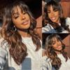 Ombre Brown and Honey Blonde Layered Cut Wavy Human Hair Wig With Bangs HD 13X4 Glueleee Lace Front Brazilian Human Hair Wig Bleached Knots 1B 30 Mixed 27 Colored Loose Wave Bangs Wig 150 Density 18" view 2