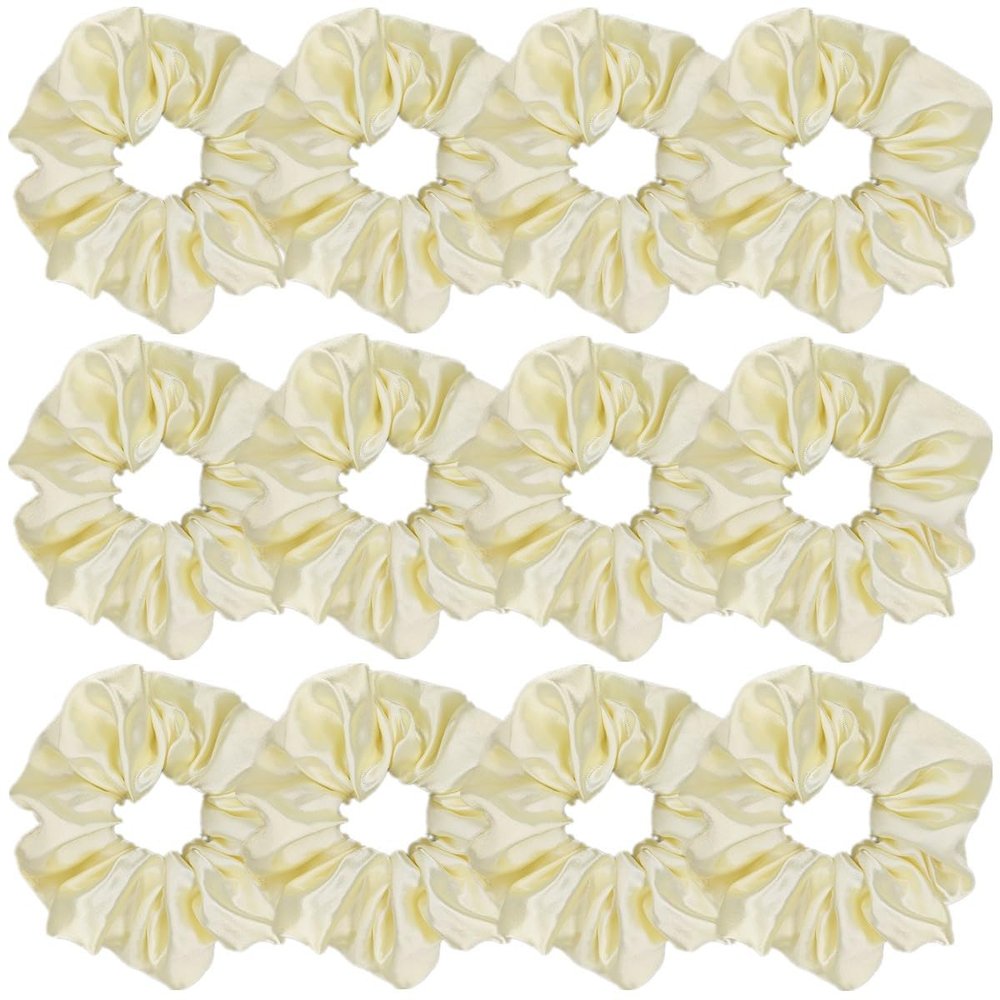 12 Pcs Satin Silk Scrunchies Soft Hair Ties Fashion Hair Bands Bow Ropes Elastic Bracelet Ponytail Holders Hair Accessories for Women and Girls (4.5 Inch, Light Yellow)