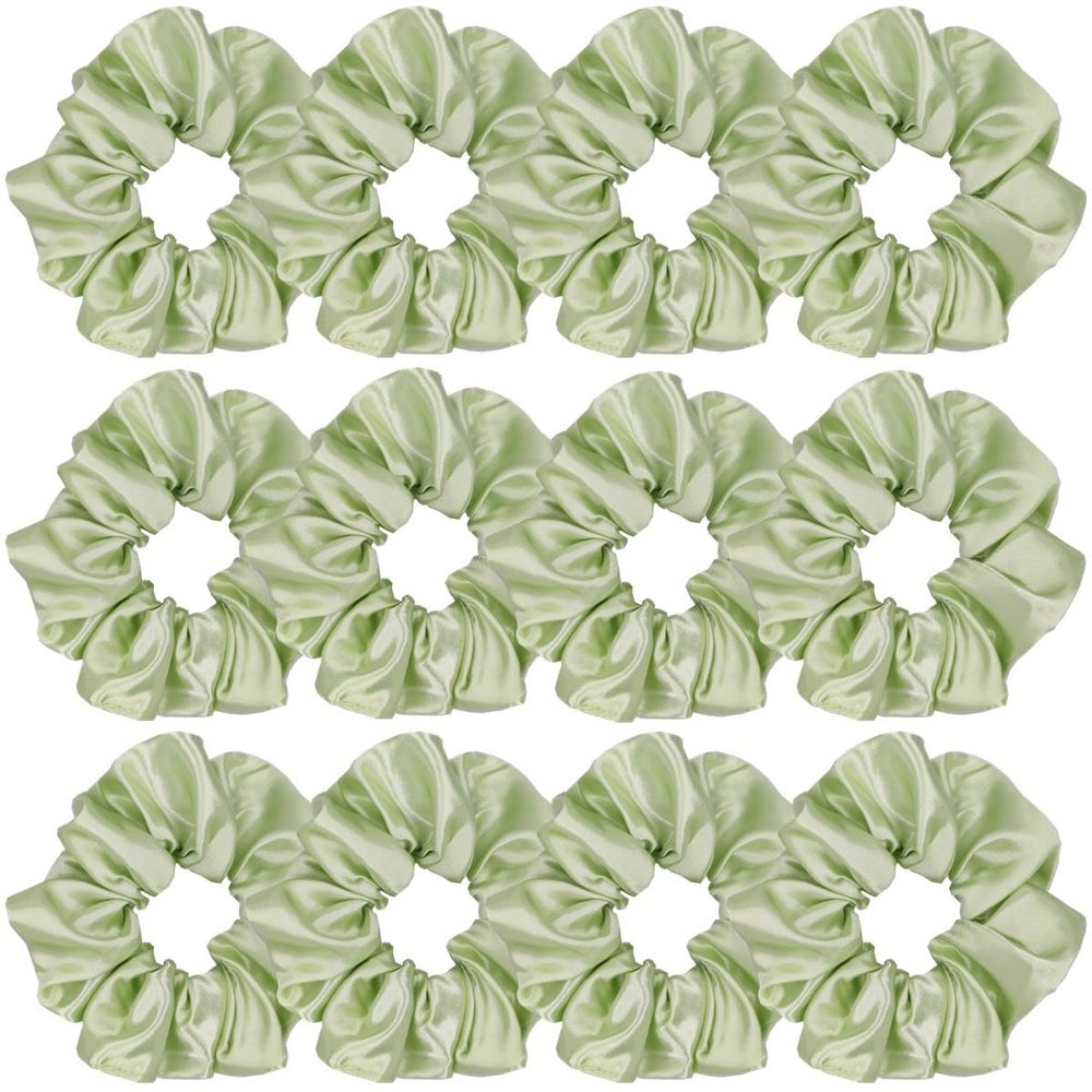 12 Pcs Satin Silk Scrunchies, Soft Hair Ties, Fashion Bands, Bows, Ropes, Elastic Bracelets, Ponytail Holders for Women and Girls (4.5 Inch, Tender Green)