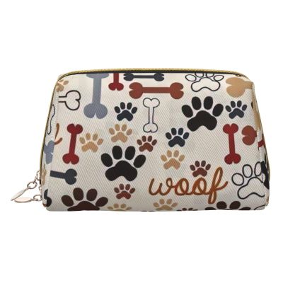 BREAUX Bone And Paw Print Print Leather Portable Cosmetic Bag, Portable Cosmetic Clutch Bag, Leather Cosmetic Bag (Small)