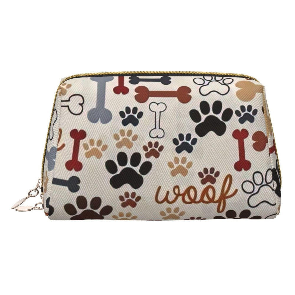 BREAUX Bone And Paw Print Print Leather Portable Cosmetic Bag, Portable Cosmetic Clutch Bag, Leather Cosmetic Bag (Small)