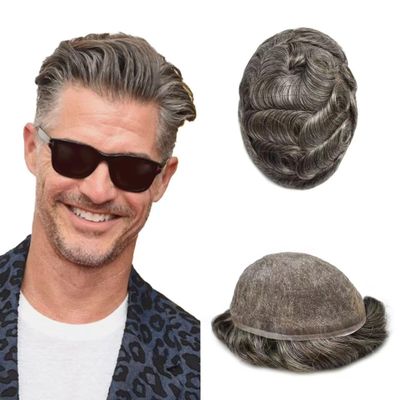 PUNRU HAIR Full French Lace Human Hair System for Men Black Brown Blonde Hair Toupee for Mens Hair Replacement System Bleached Knots Hairpiece 8"X10" #350 Dark Brown with 50% gray-90% density