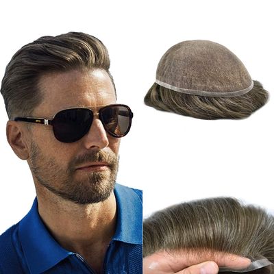 PUNRU HAIR Full French Lace Human Hair System for Men Black Brown Blonde Hair Toupee for Mens Hair Replacement System Bleached Knots Hairpiece 7"X9" #420 Medium Brown with 20% gray-100% density