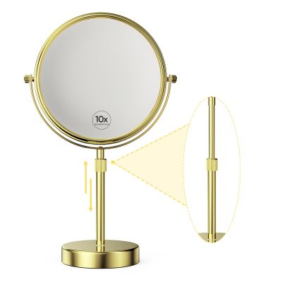 Nicesail Height Adjustable 15~19 Tall Table Mirror, 1X 10X Magnifying Mirror Double Sided for Makeup&Shaving, Desk Vanity Mirror Tabletop 360 Rotation of 8 Face, Bathroom Shiny Gold Makeup Mirror