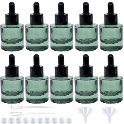 10 Pack 1oz Dark Green Round Flat Shoulder Essential Oil Dropper Bottle With 2 Funnels And 2 Plastic Pipette, 30 ml Thick Bottom Dropper Bottle Travel Aromatherapy Oil Container