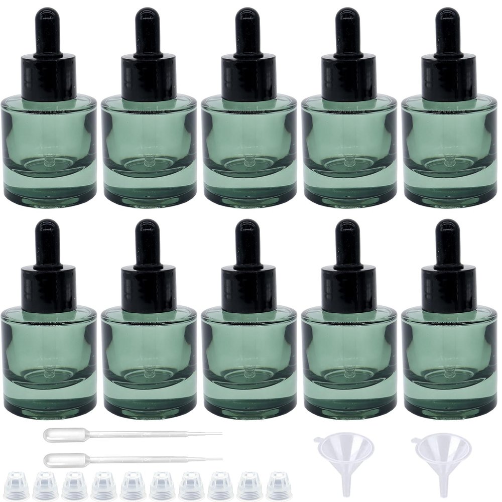 10 Pack 1oz Dark Green Round Flat Shoulder Essential Oil Dropper Bottle With 2 Funnels And 2 Plastic Pipette, 30 ml Thick Bottom Dropper Bottle Travel Aromatherapy Oil Container