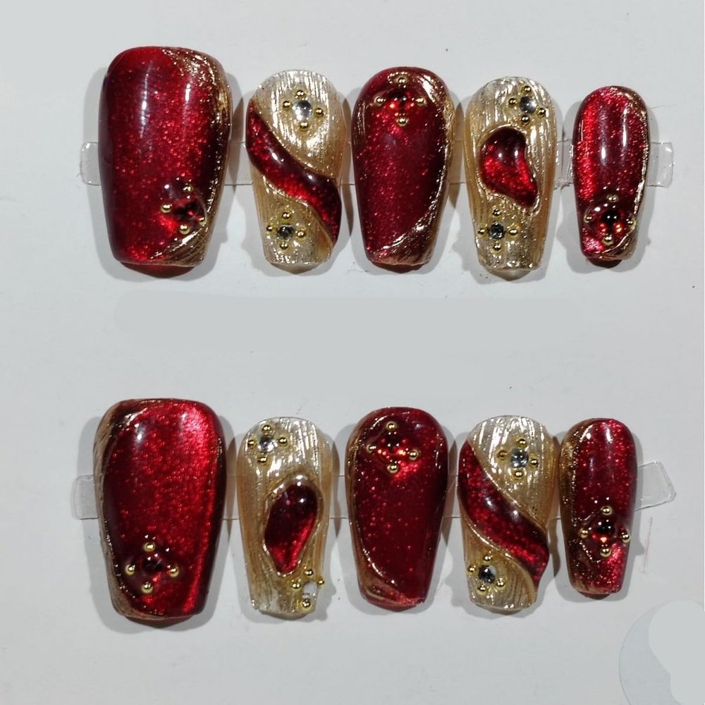 Handmade Nail Art New Red Cat Eye New Year Long Fake Nails Reusable Nails Tips Full Cover Glitter (Size : M)