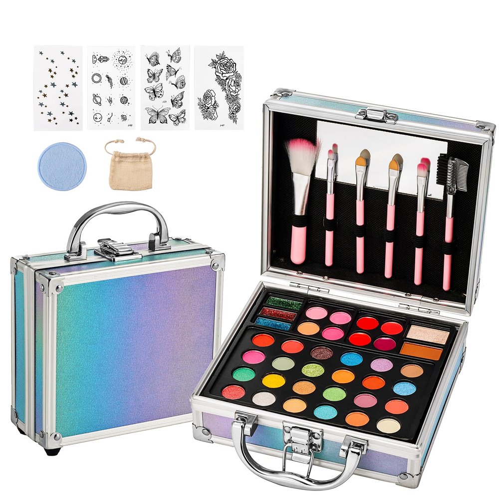 Anpro All-In-One Makeup Kit for Girls 10-12 with Case, Pro Teen Makeup Set, Tween Makeup Kit, Full Starter Make Up Kit with Brushes, Eyeshadow Palette, Blushes, Glitter Gel, Temporary Tattoo Stickers