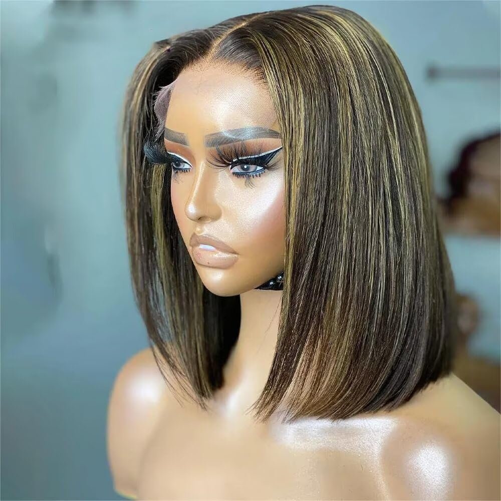 oulaer Short Straight Bob Pixie Cut 13x6 HD Lace Front Wigs Human Hair 1B4T27 Highlight Honey Blonde Lace Front Wigs Pre Plucked With Baby Hair Ombre Bob Wigs For Women 150% Density 10Inch