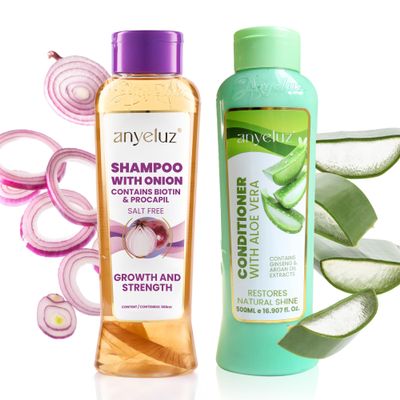 ANYELUZ Onion Shampoo and Aloe Conditioner Set, Strength and Hydration for your Hair, With Onion Extract, Biotin and Argan Oil, Cleanses Deeply and Provides Hydration