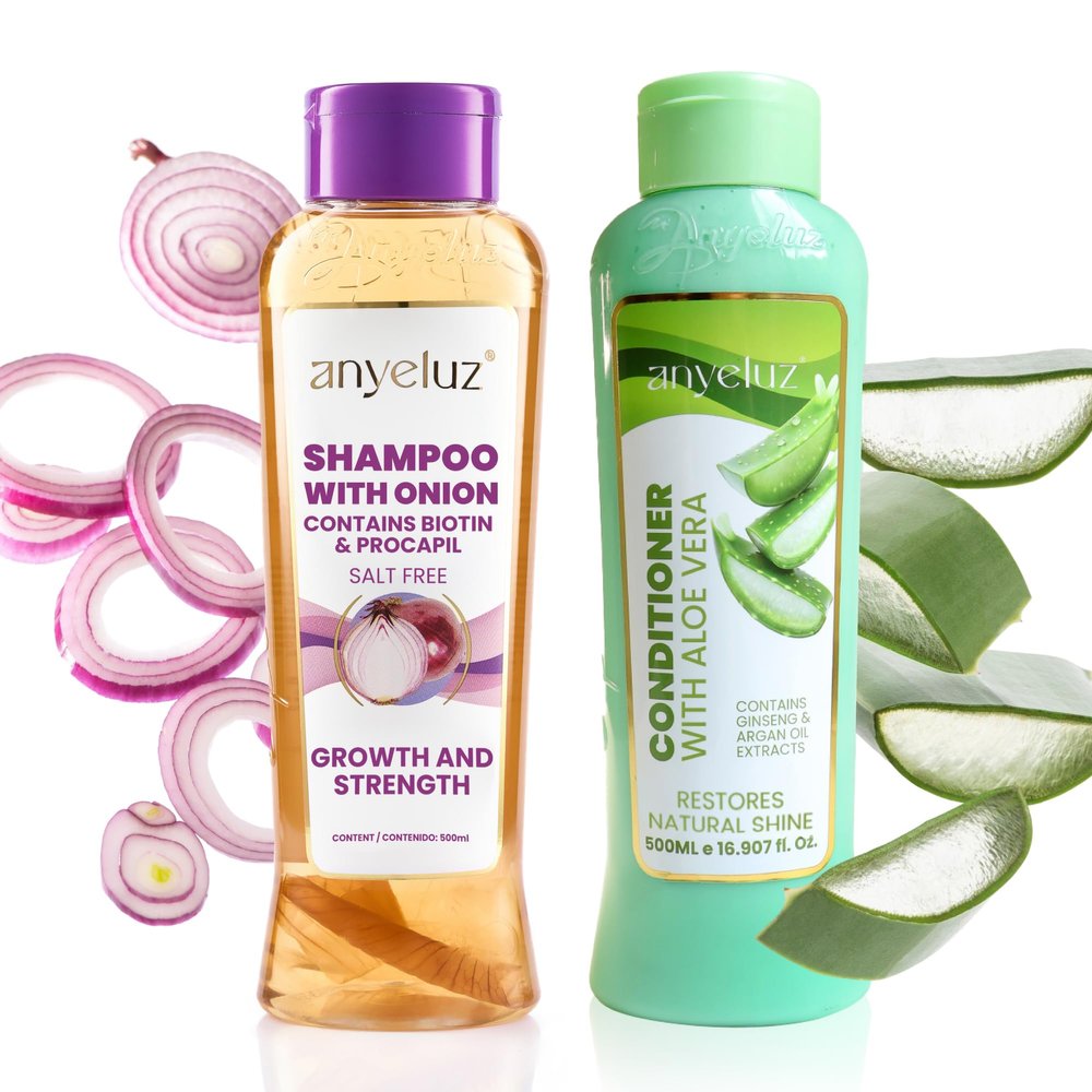 ANYELUZ Onion Shampoo and Aloe Conditioner Set, Strength and Hydration for your Hair, With Onion Extract, Biotin and Argan Oil, Cleanses Deeply and Provides Hydration