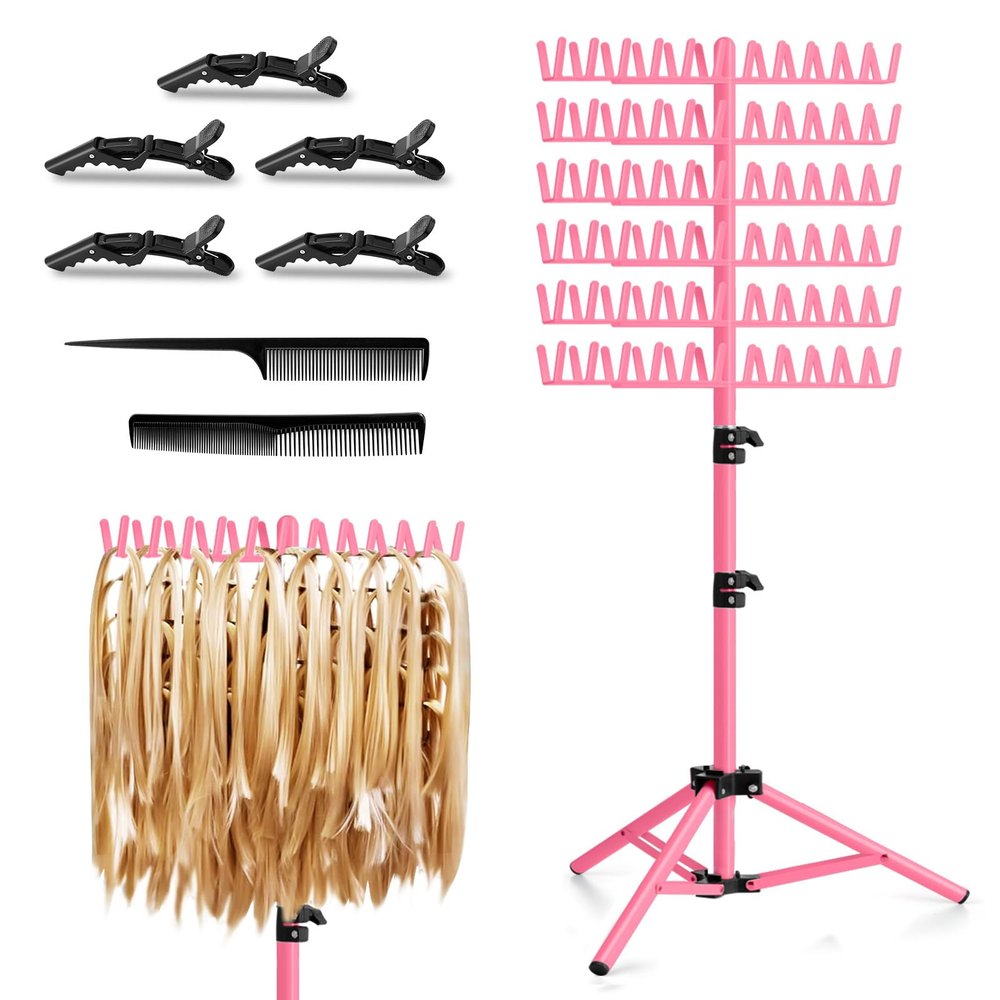 JANMPASK Braiding Hair Rack Height Adjustable 144 Pegs Braiding Rack Hair Extension Holder with Hair Braid Tools, Easy to Assemble (pink)