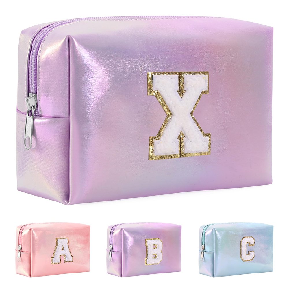 Hbhpov A-Z Personalized Initial Letter Makeup Bag Organizer,Waterproof PU Leather Chenille Letter Cosmetic Pouch Bag Travel Portable Toiletry Bag,Gift Ideal for Teen Girls Women Birthday Friend Mom