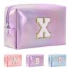 Hbhpov A-Z Personalized Initial Letter Makeup Bag Organizer,Waterproof PU Leather Chenille Letter Cosmetic Pouch Bag Travel Portable Toiletry Bag,Gift Ideal for Teen Girls Women Birthday Friend Mom view 1