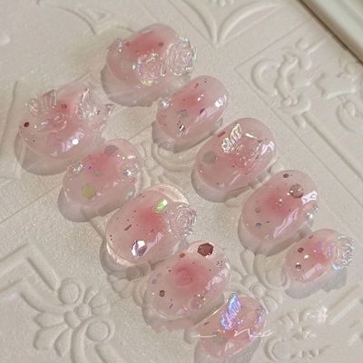 Halo dyed powder blusher butterfly camellia short manicure hand wear nail piece waterproof removable false nail 10PCS (Size : S)
