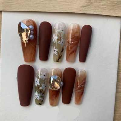 ZIIVIEVS New Handmade nail salons, wearing fake nail patches, Chinese ink style coffee color retro sparkling diamonds, 10PCS (Size : L)