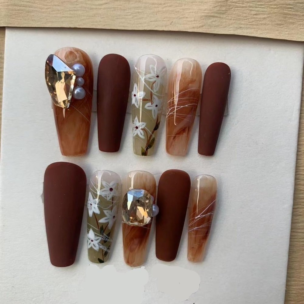 ZIIVIEVS New Handmade nail salons, wearing fake nail patches, Chinese ink style coffee color retro sparkling diamonds, 10PCS (Size : L)