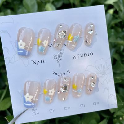 Handmade clear and colorful hand-painted small flower heart diamond manicure, wearing nail false nails 10PCS (Size : S)