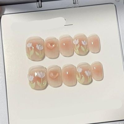 ZIIVIEVS Handmade nail art, tulip hand-painted, handmade short nails, nail patches, wearing nails, nail patches, fake nails, 10PCS (Size : S)