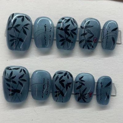 ZIIVIEVS New Chinese Style Cat Eye Hand Painted Bamboo Handmade Wearable Nail Removable Nail Fake Patch 10PCS (Size : L)