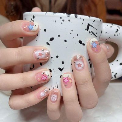 ZIIVIEVS Naked color handmade wearing armor short, colorful star burst, diamond cute fake nail patches 10PCS (Size : L)