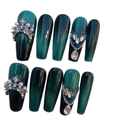 ZIIVIEVS Handmade Wearing Armor Extension T Yumeiren Advanced Transparent and Flawless Emerald Cat Eye Nail Patch 10PCS(L)