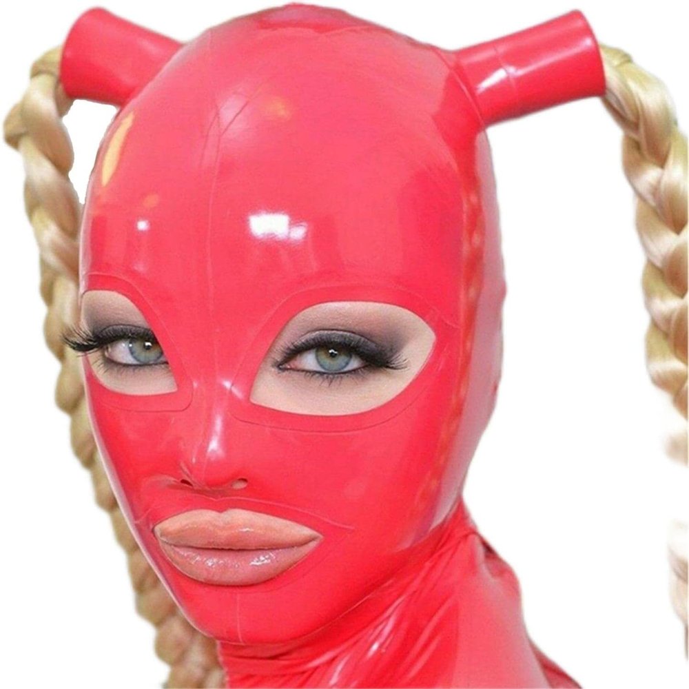 DORAFEI Latex Hood with Double Blond Ponytail Wigs Back Zipper Rubber Mask with Golden Pigtail Cosplay Club Wear (Pink, M, with wigs)