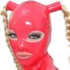 DORAFEI Latex Hood with Double Blond Ponytail Wigs Back Zipper Rubber Mask with Golden Pigtail Cosplay Club Wear (Pink, M, with wigs) view 1