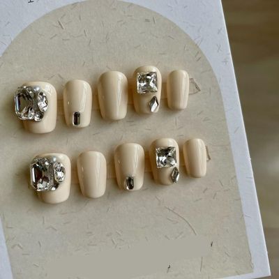 ZIIVIEVS Naked Short Nail, Handmade Wearable Nail, Detachable New Nail Enhancement, Sparkling Water Diamond False Nail, 10PCS (Size : M)