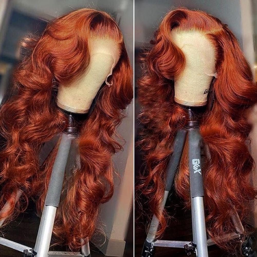 180% Density Reddish Brown 13x6 Lace Front Wigs Human Hair Pre Plucked 13x6 HD Transparent Body Wave Lace Front Wigs For Women Ginger 33# Colored Brazilian Virgin Hair Glueless Wigs Human Hair 30Inch
