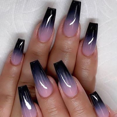 CEWEWP Black Gradient Press on Nails Long Square Fake Nails Glossy Acrylic Nails with Gradient Green Design Glue on Nails Y2K French Full Cover False Nails for Women Manicure Decoration 24Pcs