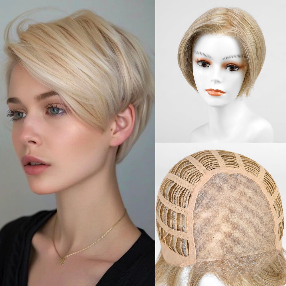 DWY Mono Top Lace Front Synthetic Wigs Futura Hair Free Part Short Bob Wigs for Women Glueless Bob Monofilament Wigs Heat Resistant Mixed Ash Blonde 8Inch