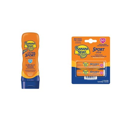 Banana Boat Sport Ultra SPF 30 Sunscreen Lotion, 8oz & Sport Ultra SPF 50 Lip Sunscreen Twin Pack | SPF Lip Balm Pack, Banana Boat Lip Balm SPF 50, Oxybenzone Free Sunscreen