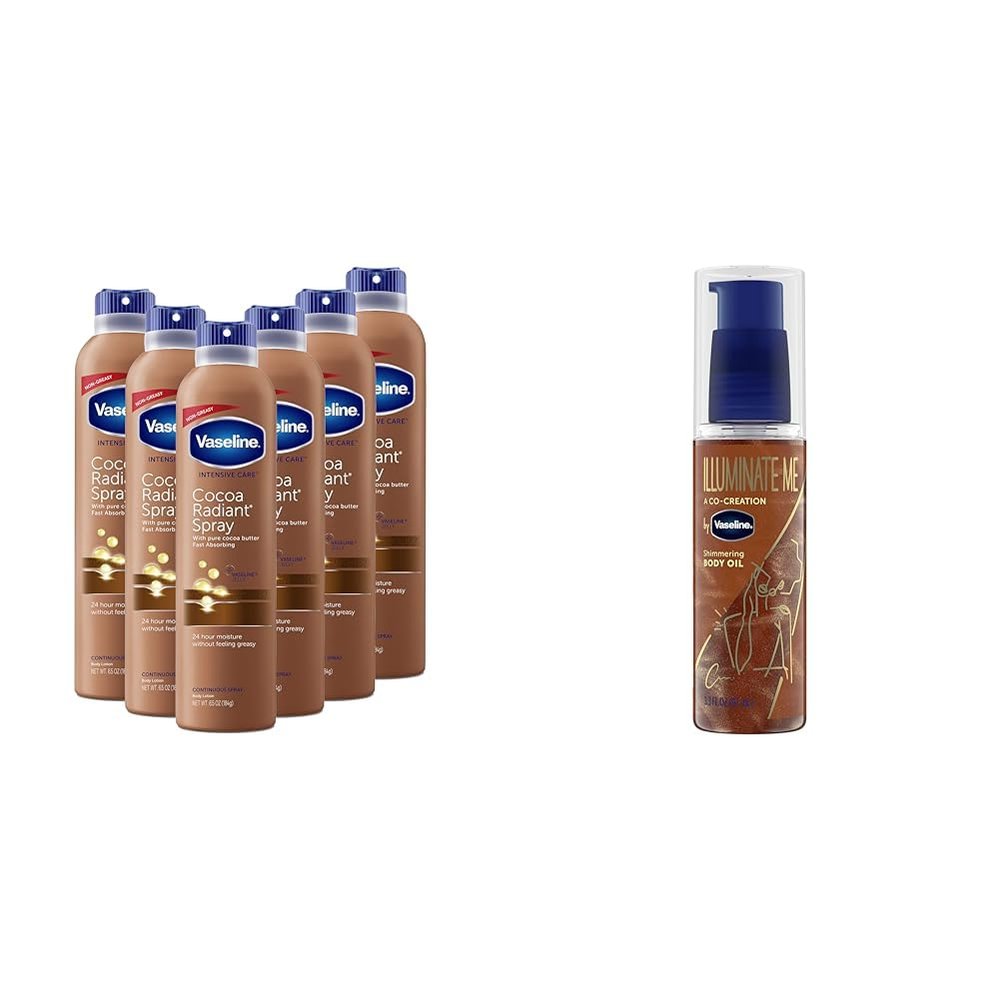 Vaseline Intensive Care Spray Moisturizer For Dry Skin Cocoa Radiant & Illuminate Me Shimmering Body Oil Created for Melanin Rich Skin, Illuminates Skin with Finishing Touch of Shimmer