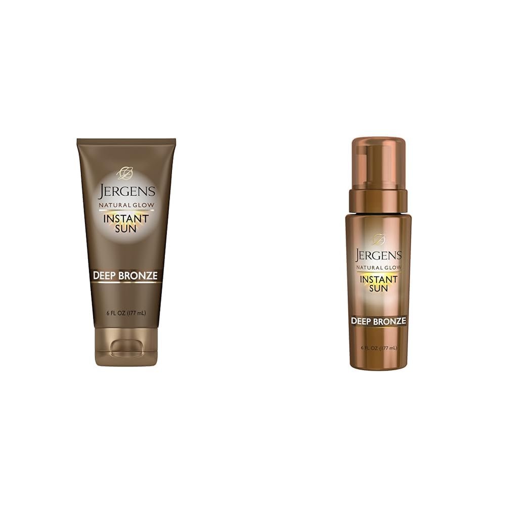 Jergens Natural Glow Instant Sun Sunless Tanning Moisturizer + Bronzer & Natural Glow Instant Sun Body Mousse, Self Tanner for Deep Bronze Tan, Sunless Tanning Body Bronzer