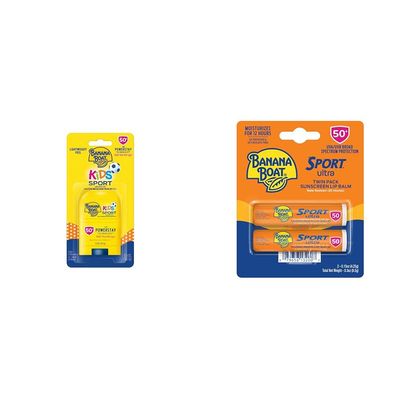 Banana Boat Kids Sport Sunscreen Stick SPF 50, 0.5oz & Sport Ultra SPF 50 Lip Sunscreen Twin Pack | SPF Lip Balm Pack, Banana Boat Lip Balm SPF 50, Oxybenzone Free Sunscreen